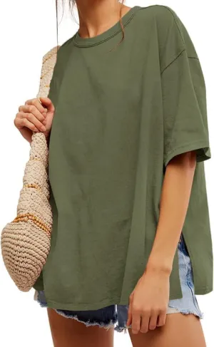 UNCLECAT Womens Oversized T Shirts Summer Trendy Short Sleeve Crew Neck Tops Loose Fit Side Slit Tee
