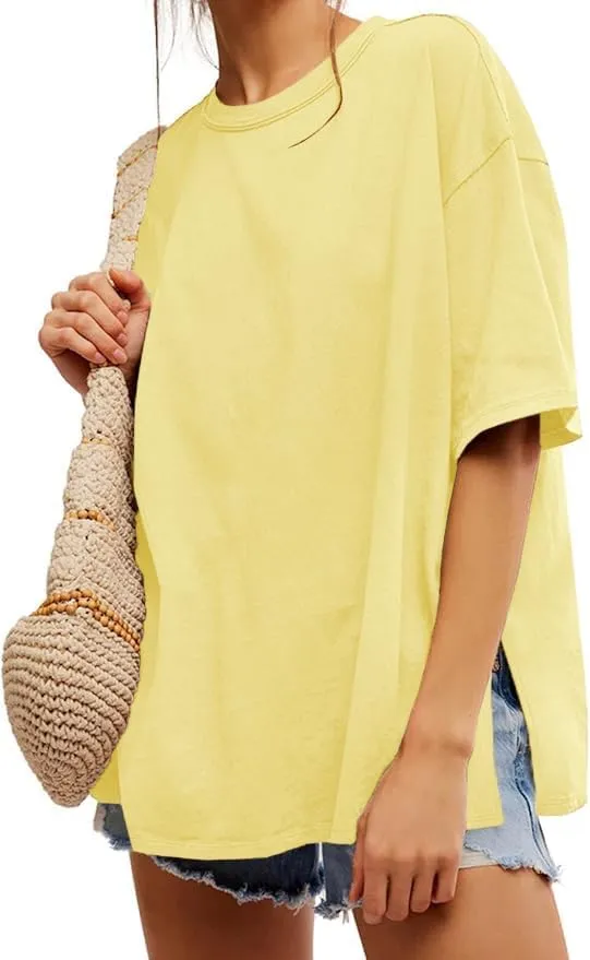 UNCLECAT Womens Oversized T Shirts Summer Trendy Short Sleeve Crew Neck Tops Loose Fit Side Slit Tee