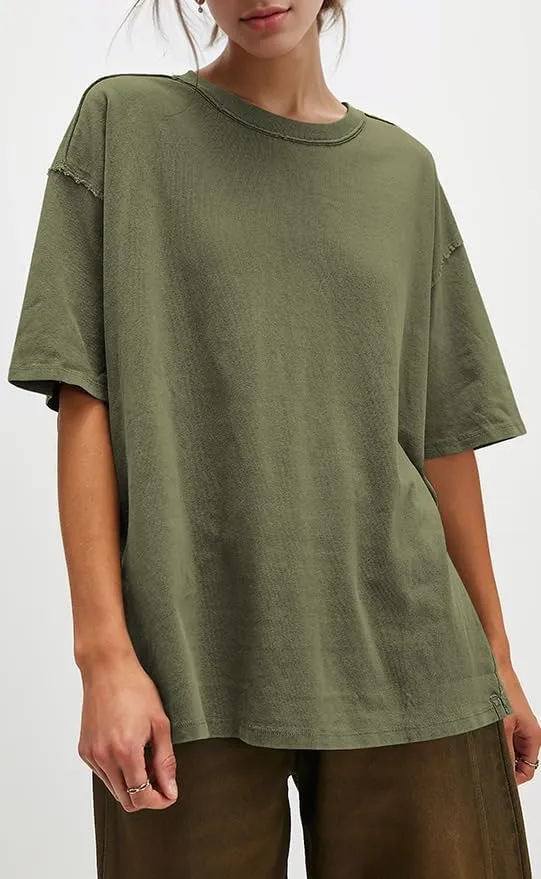 UNCLECAT Womens Oversized T Shirts Summer Trendy Short Sleeve Crew Neck Tops Loose Fit Side Slit Tee