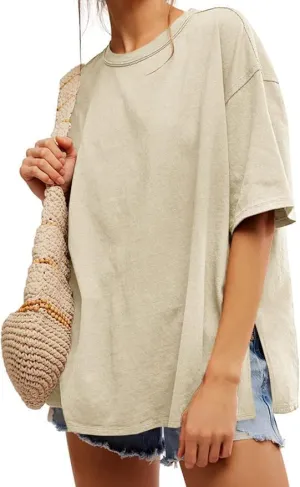 UNCLECAT Womens Oversized T Shirts Summer Trendy Short Sleeve Crew Neck Tops Loose Fit Side Slit Tee