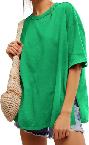UNCLECAT Womens Oversized T Shirts Summer Trendy Short Sleeve Crew Neck Tops Loose Fit Side Slit Tee