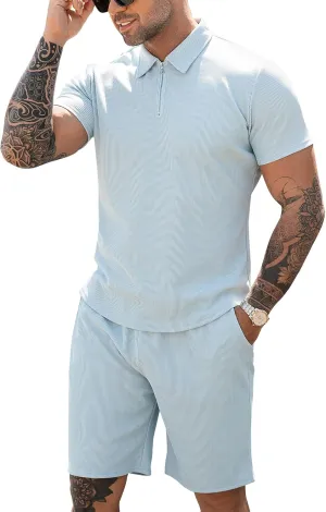 URRU Men's Polo Shirt and Shorts Set Summer Outfits Casual Short Sleeve Polo Suit for Men 2 Piece Shorts Tracksuit Set