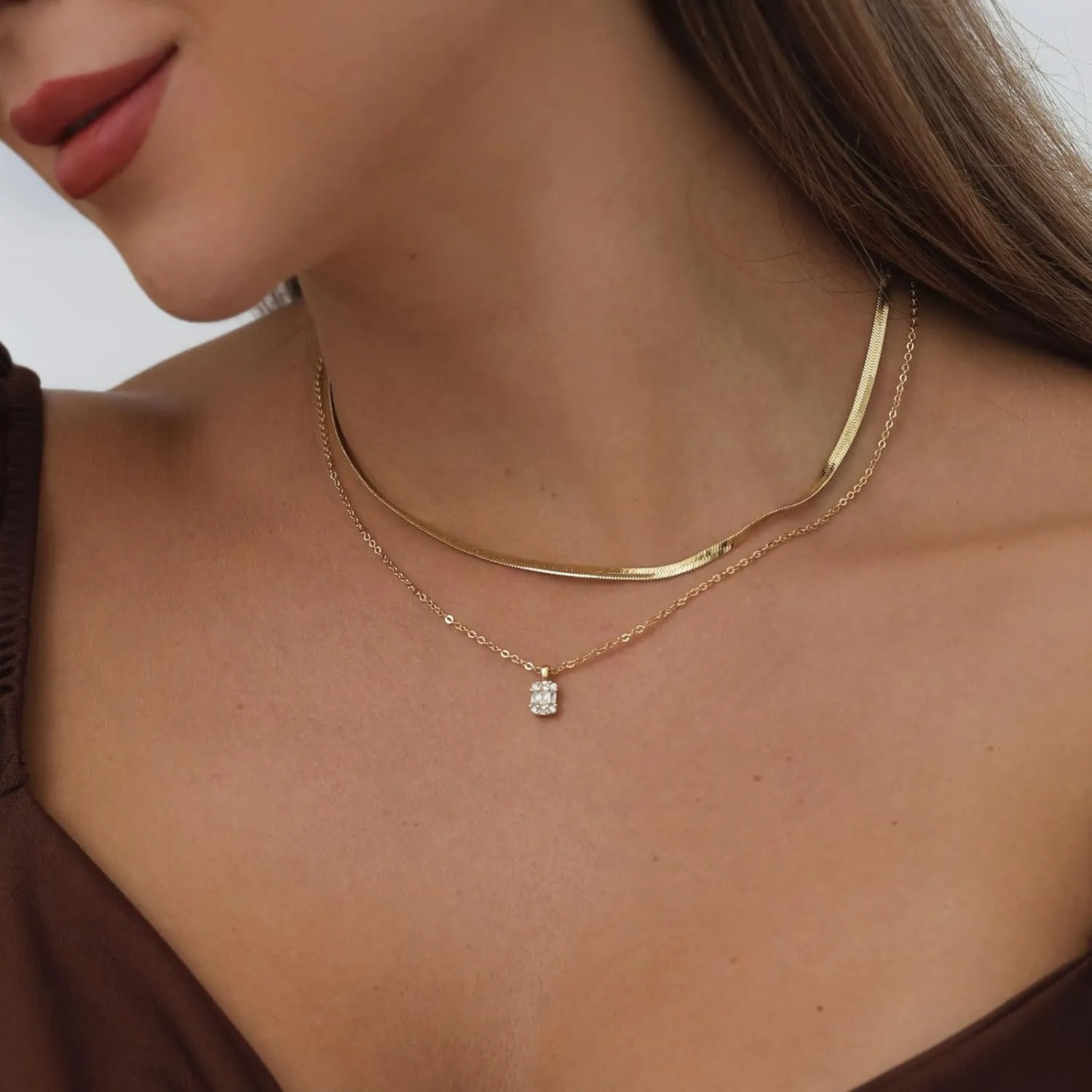 VIROMY Diamond Necklaces for Women 14k Gold Plated Dainty Gold Necklace Silver Necklace for Women Simple Gold Paperclip Choker Necklaces for Women Trendy Women CZ Chain Necklace Layered Necklaces