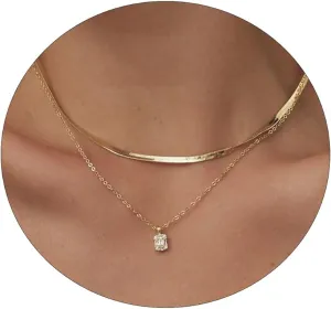 VIROMY Diamond Necklaces for Women 14k Gold Plated Dainty Gold Necklace Silver Necklace for Women Simple Gold Paperclip Choker Necklaces for Women Trendy Women CZ Chain Necklace Layered Necklaces