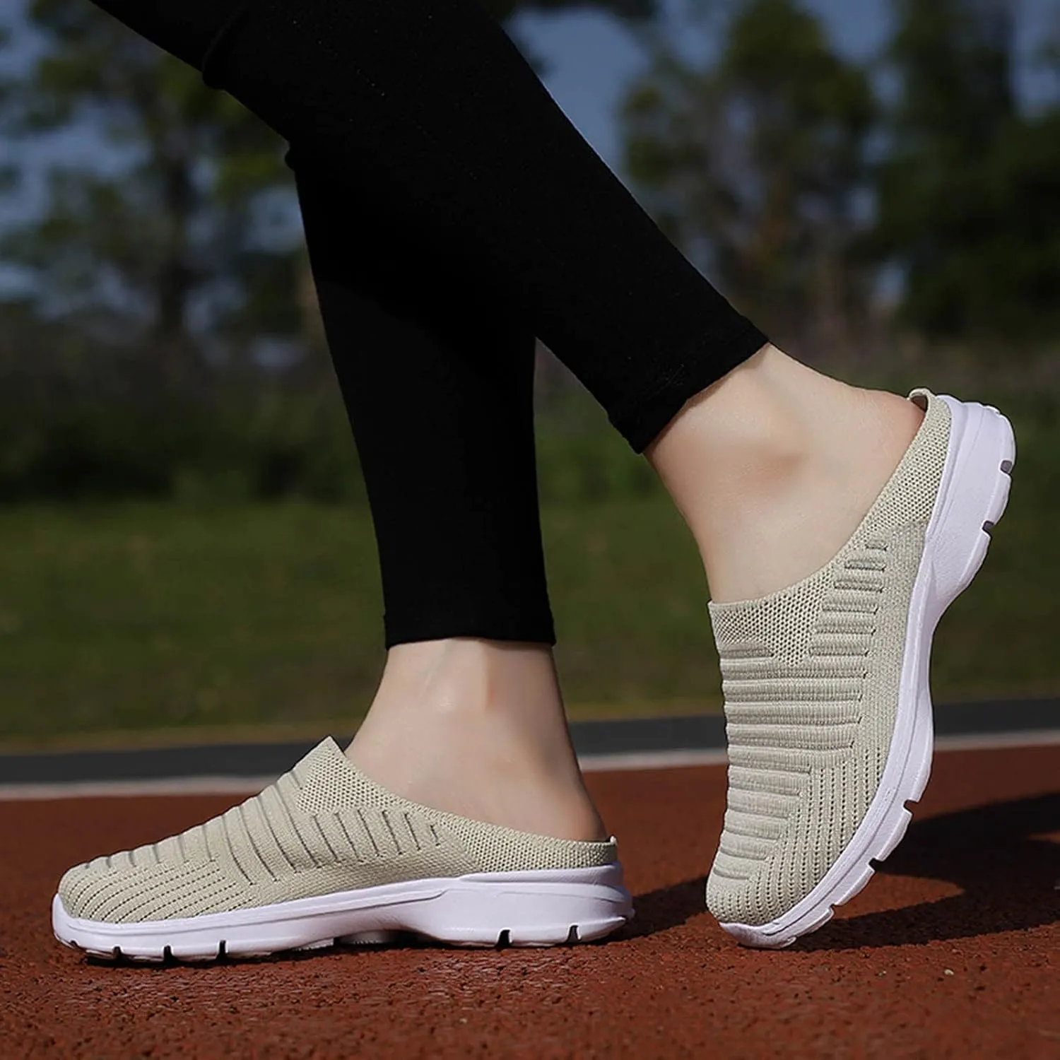 Walking Shoes Women 2025 Womens Breathable Mesh Backless Walk Mules Sneaker Fashion Knitted Backless Open Back Slip on Lightweight Walking Shoes