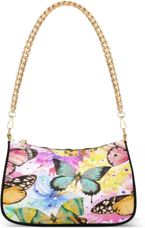 Watercolor Butterfly Oil Painting Shoulder Handbags for Women Travel Hobo Tote Handbag Women Gold Chain Shoulder Bags Purse with Zipper Closure