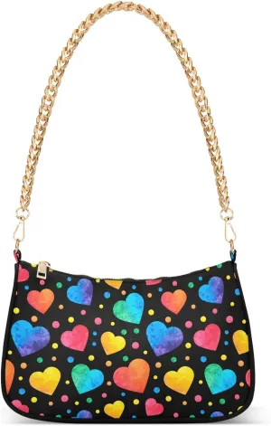 Watercolor Rainbow Heart Shoulder Handbags for Women Travel Hobo Tote Handbag Women Gold Chain Shoulder Bags Purse with Zipper Closure
