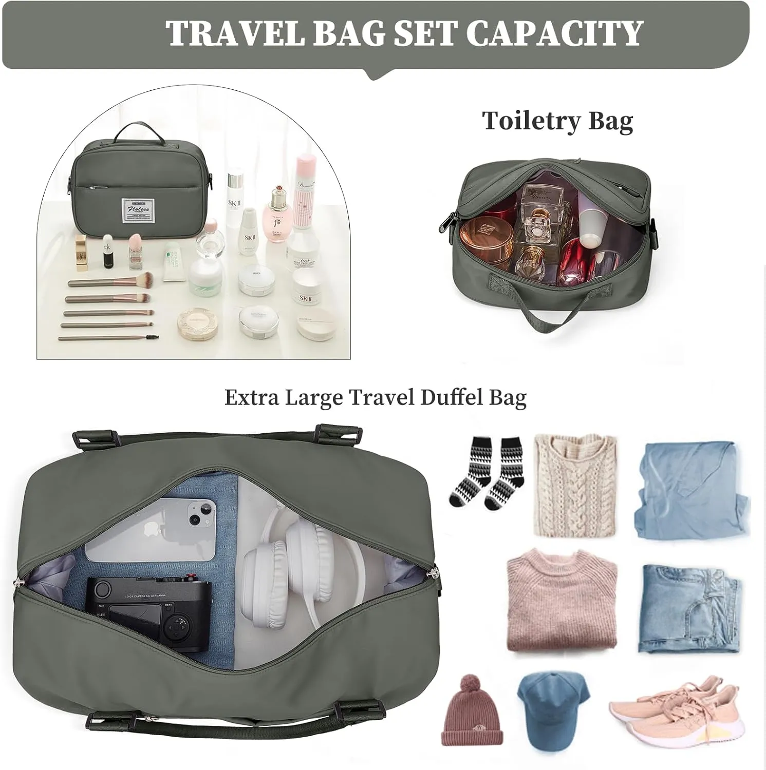 Weekender Bags for Women,Overnight Travel Duffel Bag with Shoes Compartment& Toiletry Bag,Extra Large(Olive Green)