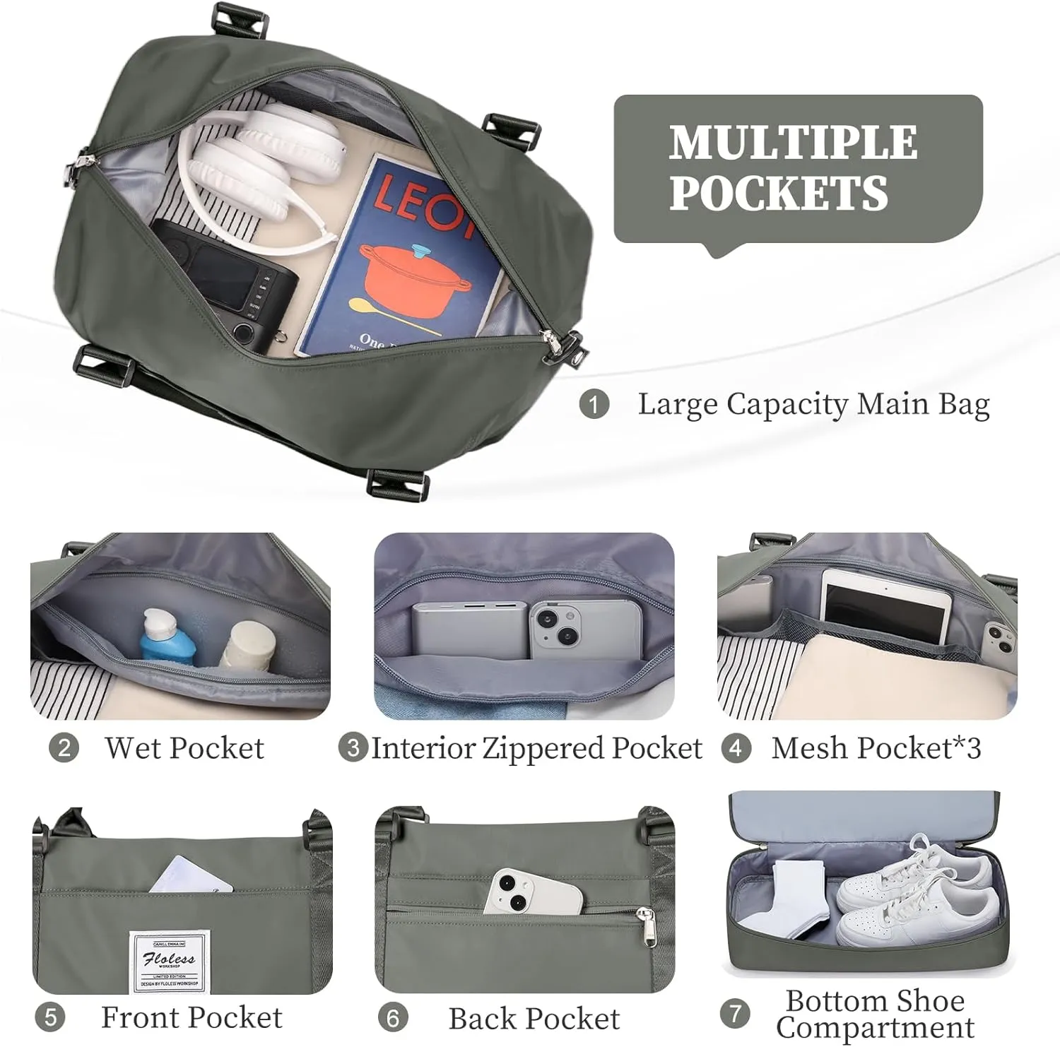 Weekender Bags for Women,Overnight Travel Duffel Bag with Shoes Compartment& Toiletry Bag,Extra Large(Olive Green)