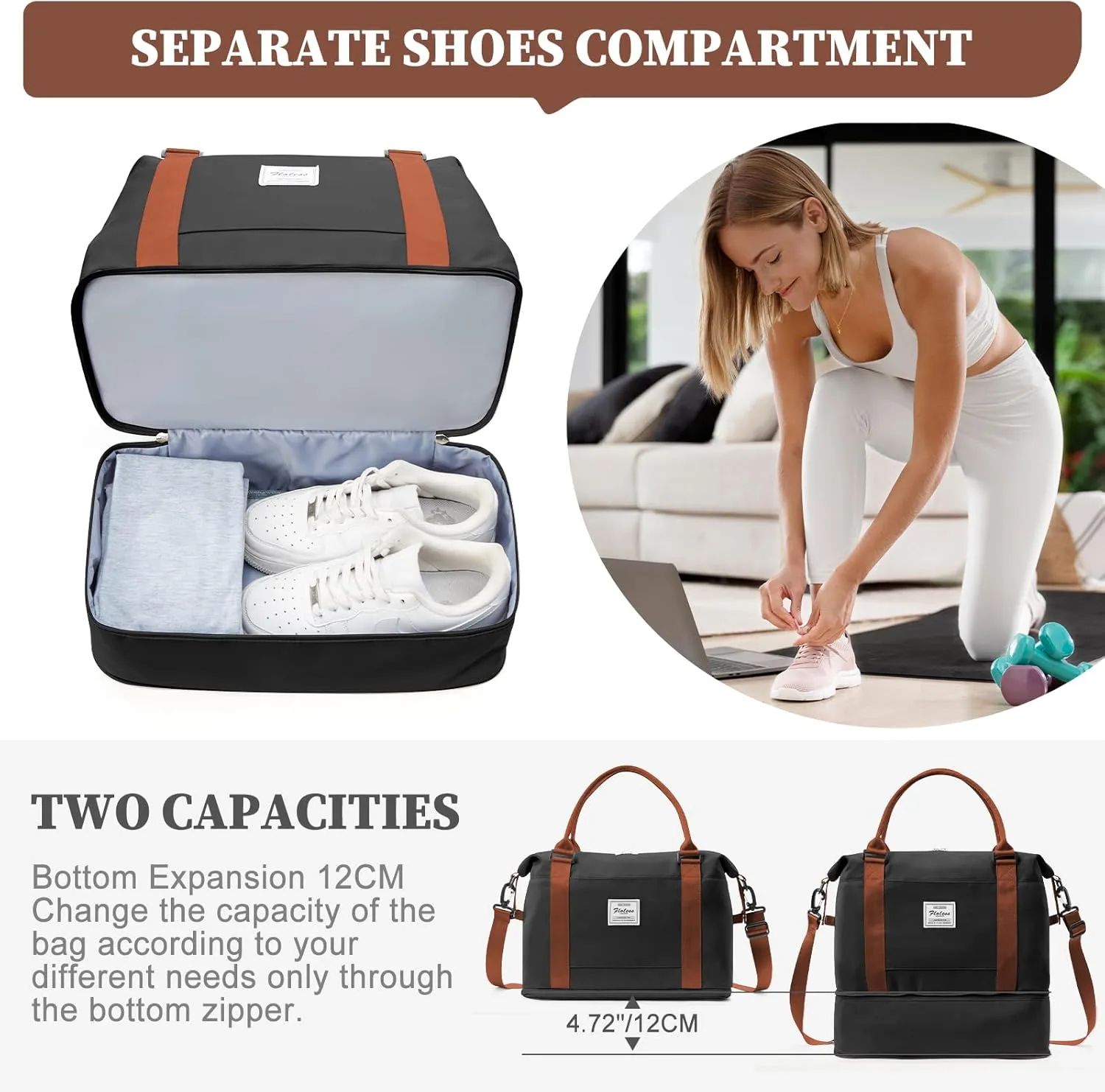 Weekender Bags for Women,Personal Item Travel Bag,Overnight Travel Duffel Bag with Expandable Shoes Compartment & Wet Pocket