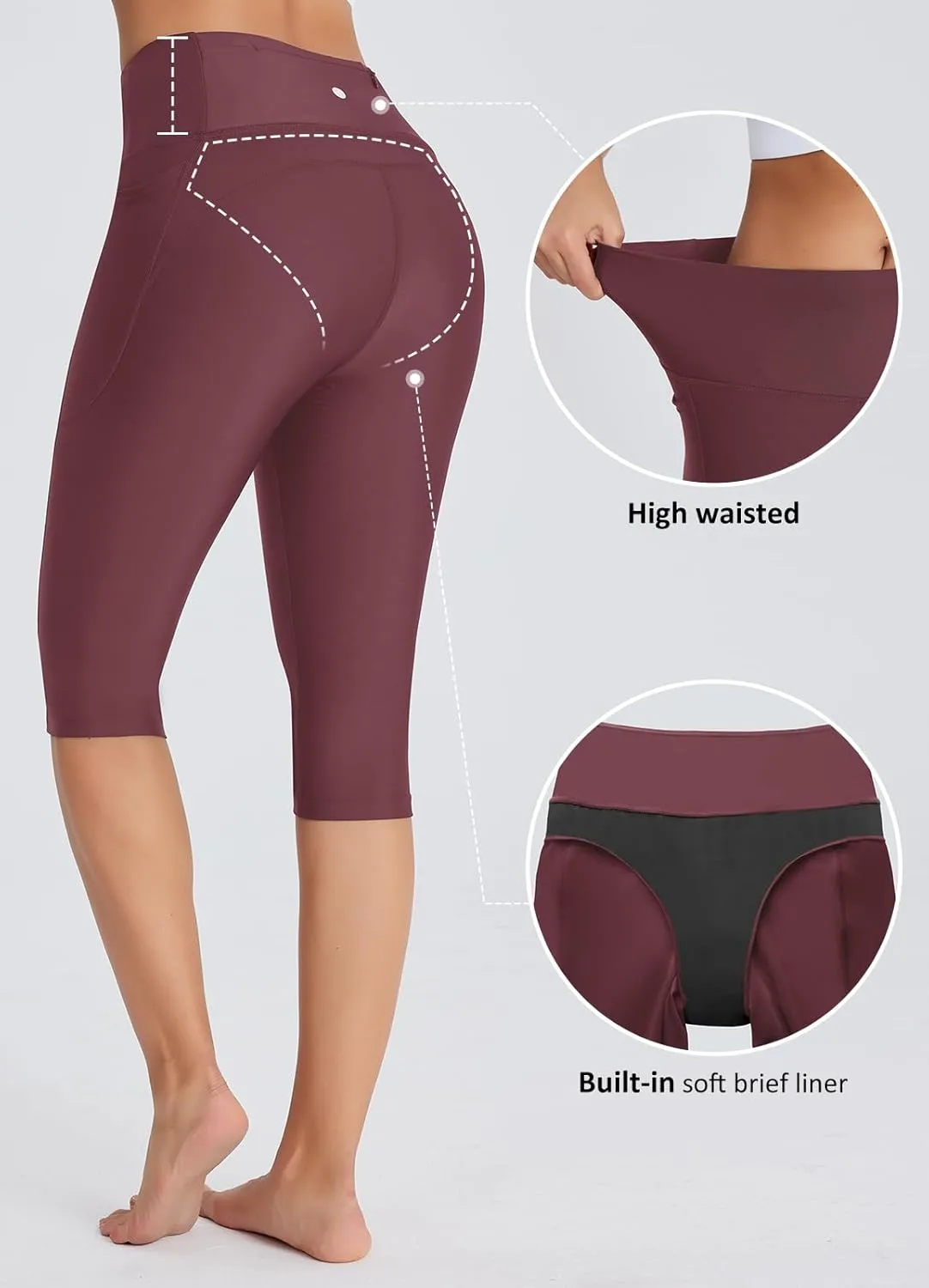 Women's 14" Plus Size Knee Length Tankini Swim Shorts High Waisted Capri Leggings Swimsuits with Liner UPF50 
