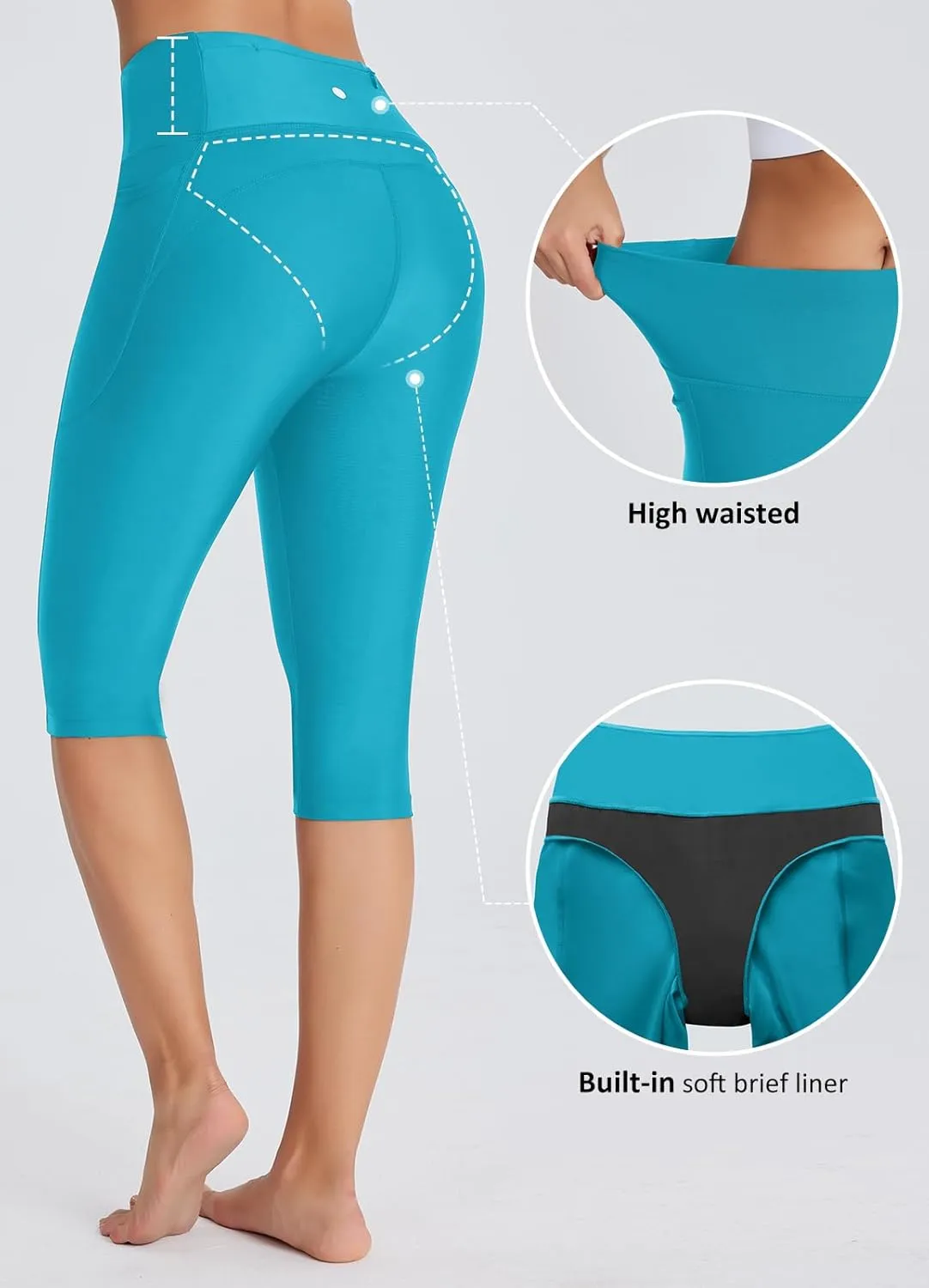 Women's 14" Plus Size Knee Length Tankini Swim Shorts High Waisted Capri Leggings Swimsuits with Liner UPF50 