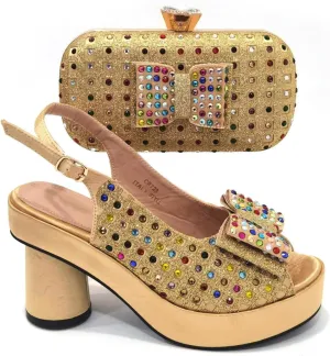 Womens 2025 Gold Wedding Shoes Set Bridal Pumps and Matching Evening Bag Rhinestone Flower Crystal Clutch Purses