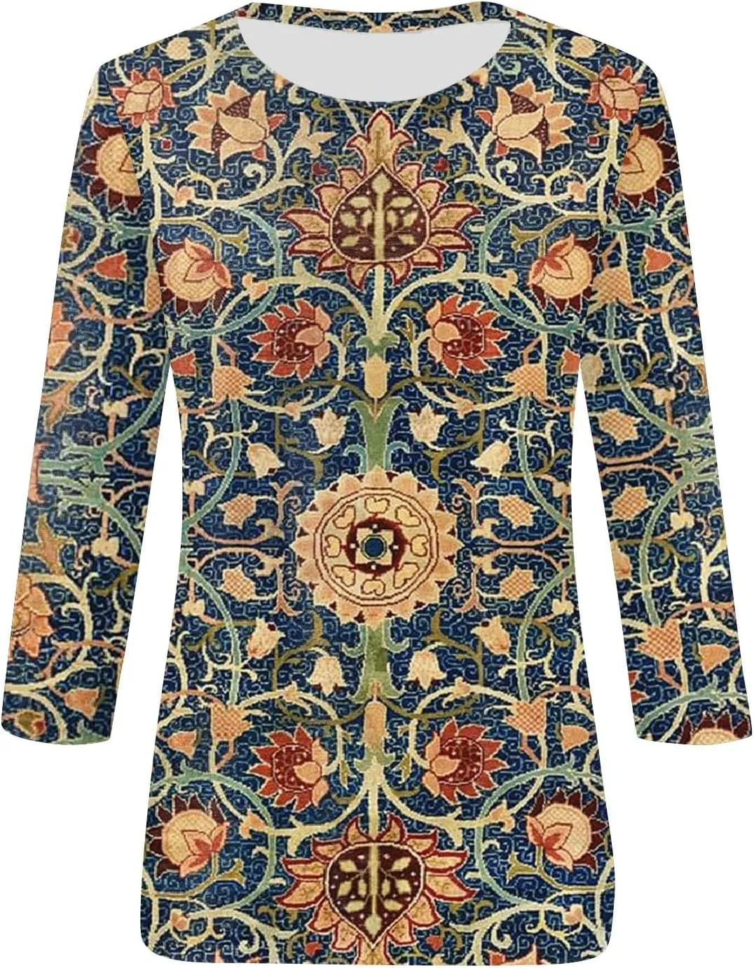Womens 3/4 Length Sleeve Tops 2025 Summer Casual Geometric Print Crew Neck Blouse Fit Daily Womens 3/4 Sleeve T Shirts