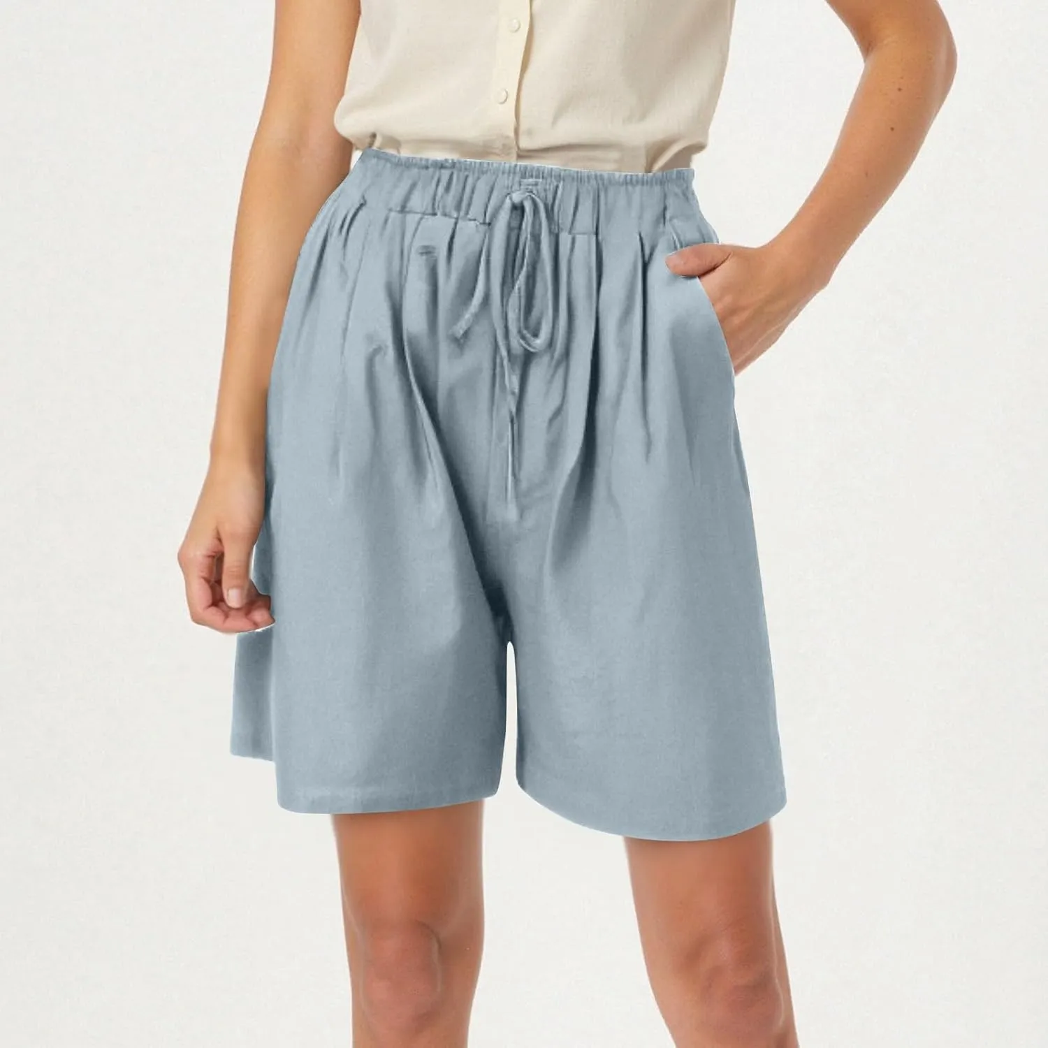 Womens Bermuda Linen Shorts Wide Leg Elastic High Waisted Shorts Casual Summer Flowy Trouser Short Pants with Pockets