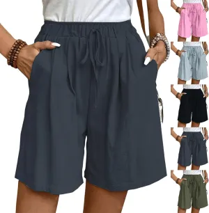 Womens Bermuda Linen Shorts Wide Leg Elastic High Waisted Shorts Casual Summer Flowy Trouser Short Pants with Pockets