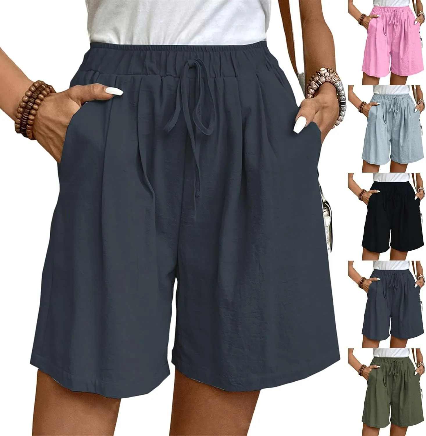 Womens Bermuda Linen Shorts Wide Leg Elastic High Waisted Shorts Casual Summer Flowy Trouser Short Pants with Pockets