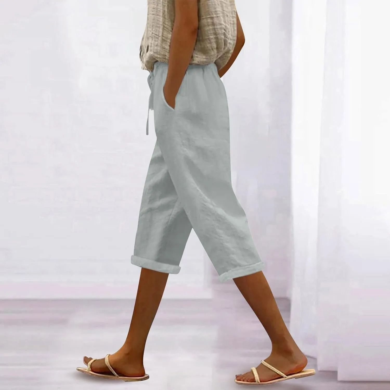Womens Capri Pants 2025 Summer Petite Linen Pants Wide Leg Gauze Pant Striped Capri Trouser Casual Maternity Pant