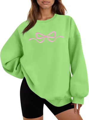 Womens Coquette Bow Sweatshirt - Embroidered Pink Bow Crewneck Pullover, Fall Clean Girl Style