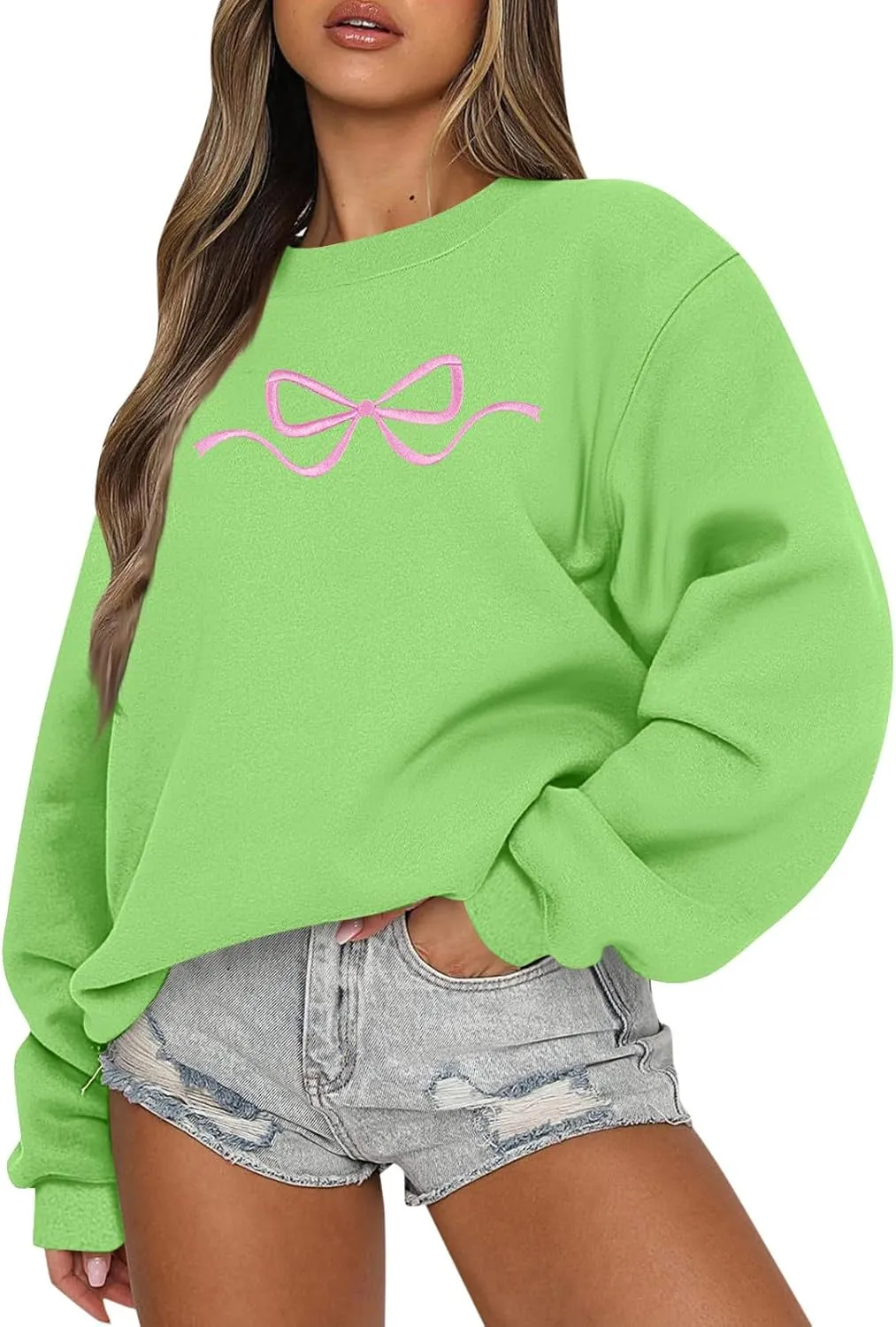 Womens Coquette Bow Sweatshirt - Embroidered Pink Bow Crewneck Pullover, Fall Clean Girl Style