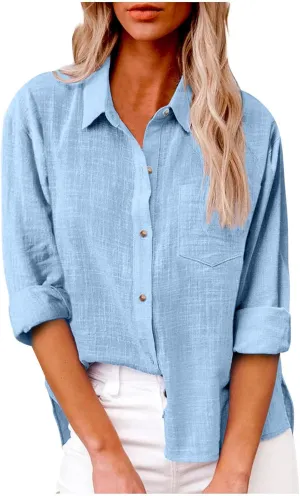 Womens Cotton Linen Button Down Shirts Long Sleeve Collared Gauze Blouses Business Casual Tshirts Loose Summer Tops