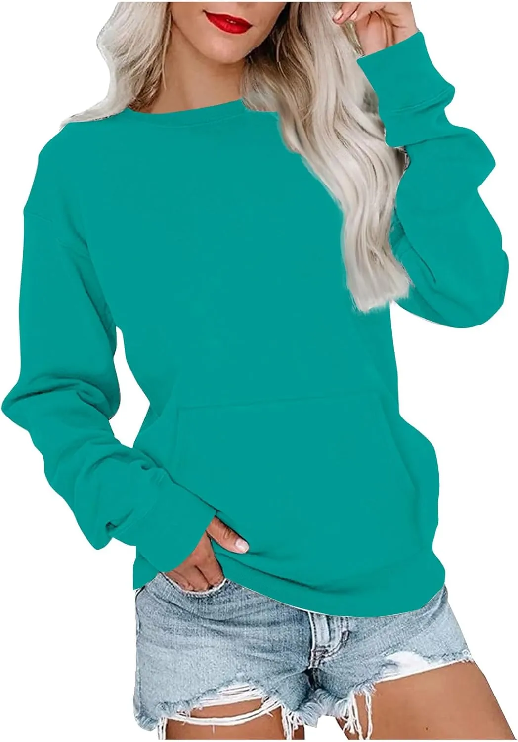 Womens Crewneck Sweatshirt with Pockets Long Sleeve Tunic Tops Oversized Pullover Sweater Cute Hoodies for Teen Girls