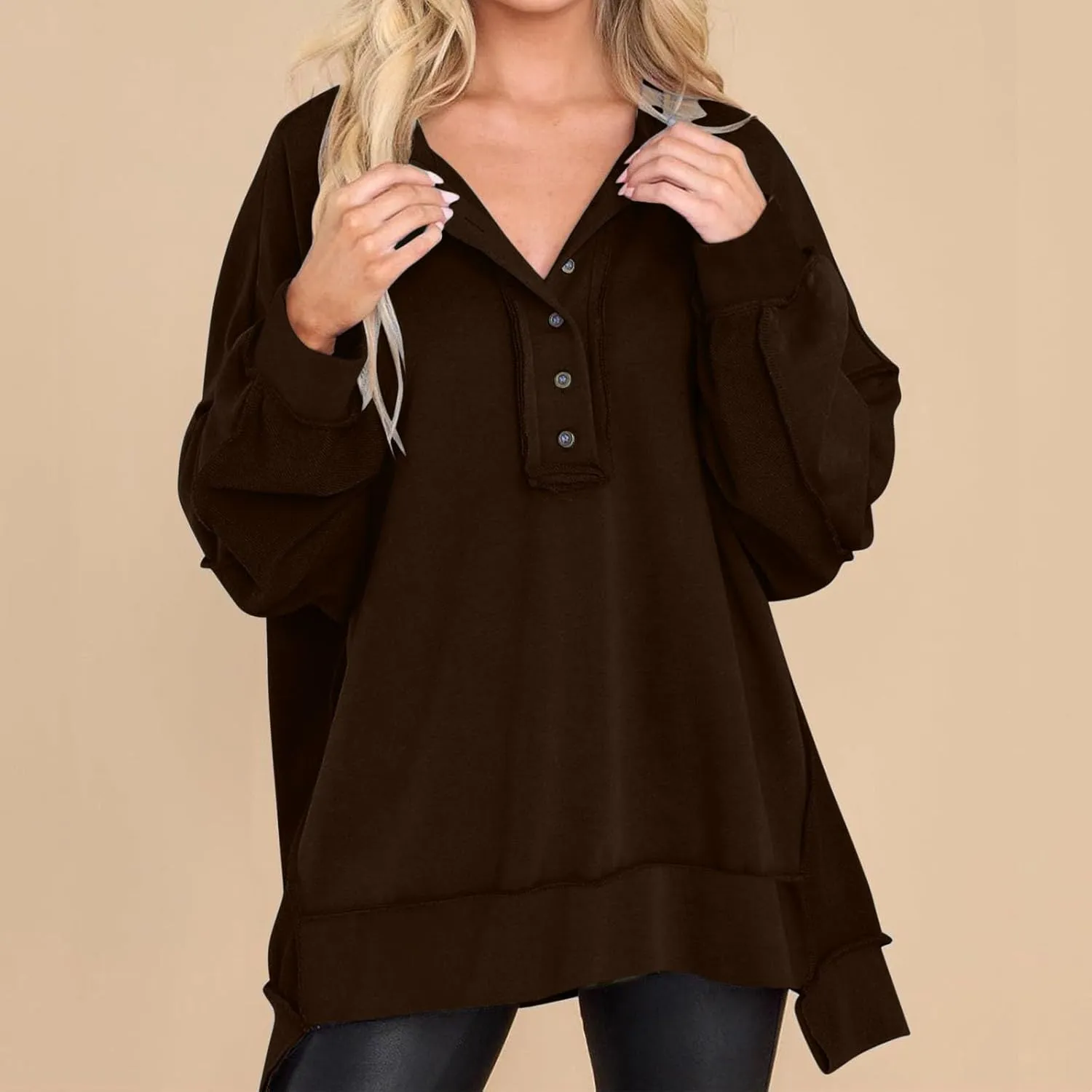 Womens Cute Oversized Sweatshirts Trendy 2024 Fall Sweatshirt Button Henley Neck Pullover Tops Casual Clothing