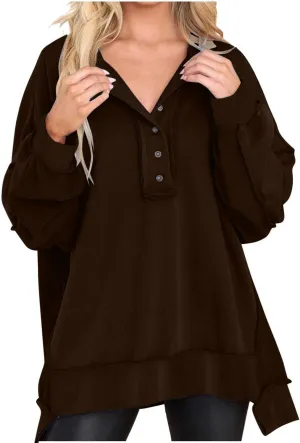 Womens Cute Oversized Sweatshirts Trendy 2024 Fall Sweatshirt Button Henley Neck Pullover Tops Casual Clothing