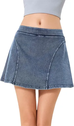 Womens Denim Mini Trendy High Waisted Jean Skirts, High Elastic Two Piece Yoga Short Skirt Outside Fitness Shorts