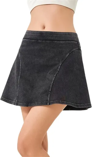 Womens Denim Mini Trendy High Waisted Jean Skirts, High Elastic Two Piece Yoga Short Skirt Outside Fitness Shorts