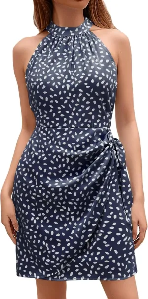 Women's Dot Print Halter Dress 2025 Spring Summer Tie Waist Casual Dresses Zipper Back Elegant Wedding Guest Clothes
