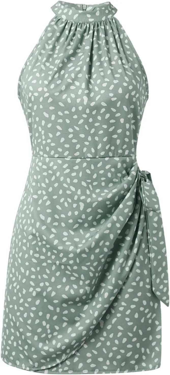 Women's Dot Print Halter Dress 2025 Spring Summer Tie Waist Casual Dresses Zipper Back Elegant Wedding Guest Clothes