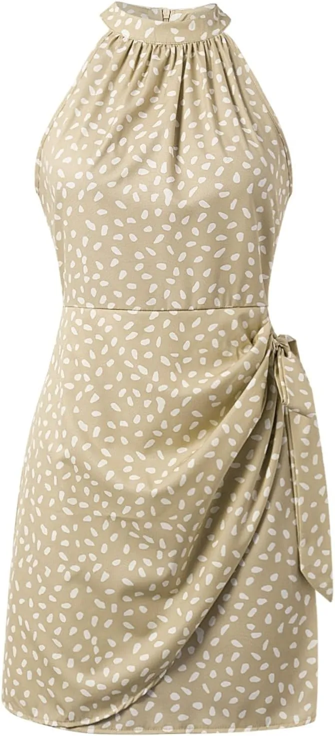 Women's Dot Print Halter Dress 2025 Spring Summer Tie Waist Casual Dresses Zipper Back Elegant Wedding Guest Clothes