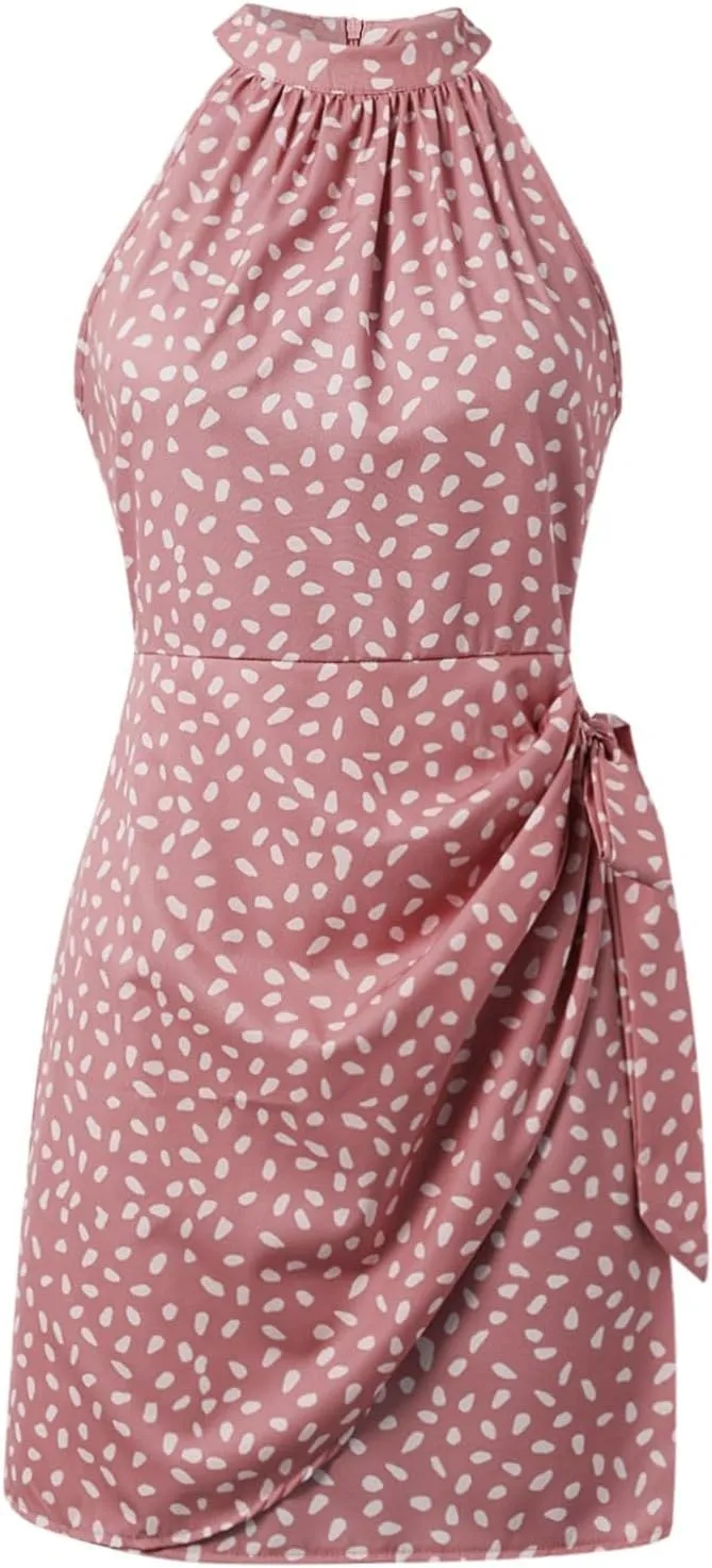 Women's Dot Print Halter Dress 2025 Spring Summer Tie Waist Casual Dresses Zipper Back Elegant Wedding Guest Clothes