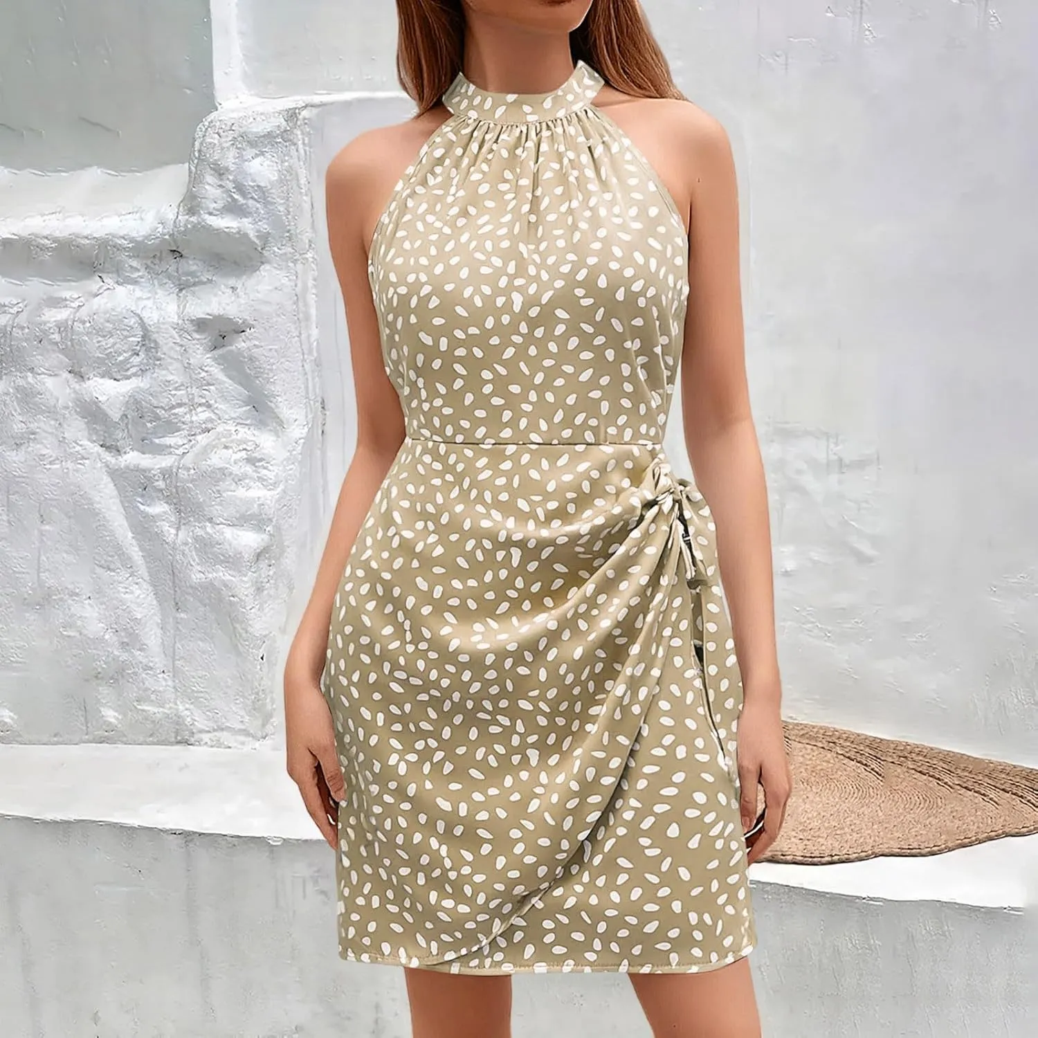 Women's Dot Print Halter Dress 2025 Spring Summer Tie Waist Casual Dresses Zipper Back Elegant Wedding Guest Clothes