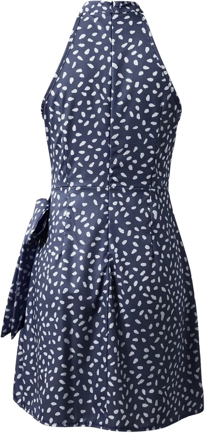 Women's Dot Print Halter Dress 2025 Spring Summer Tie Waist Casual Dresses Zipper Back Elegant Wedding Guest Clothes