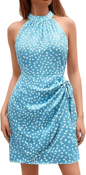 Women's Dot Print Halter Dress 2025 Spring Summer Tie Waist Casual Dresses Zipper Back Elegant Wedding Guest Clothes