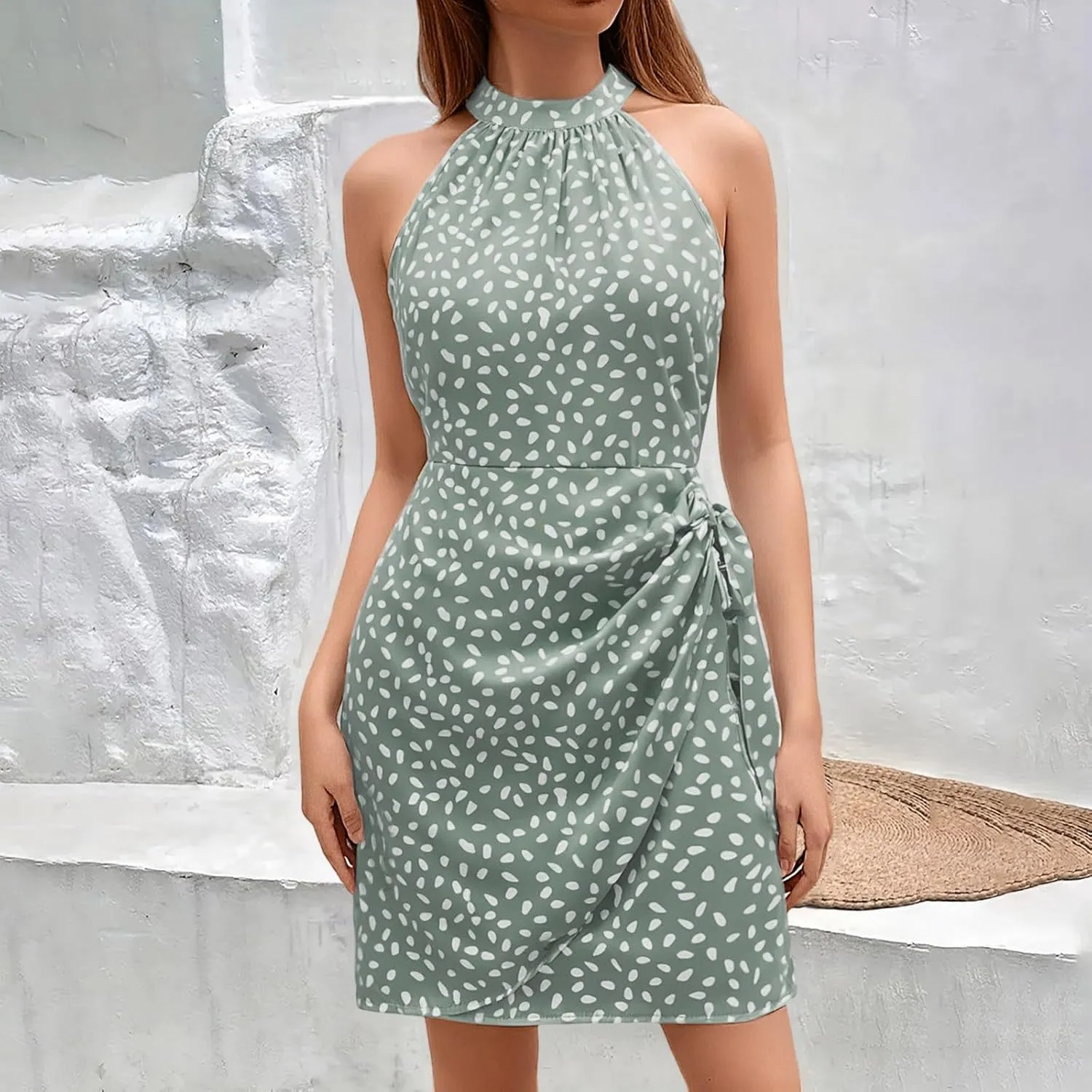 Women's Dot Print Halter Dress 2025 Spring Summer Tie Waist Casual Dresses Zipper Back Elegant Wedding Guest Clothes