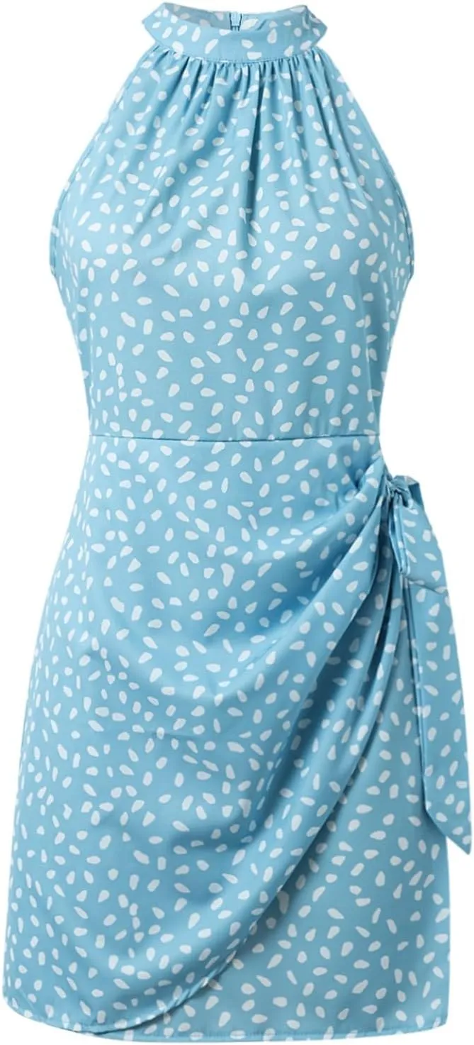 Women's Dot Print Halter Dress 2025 Spring Summer Tie Waist Casual Dresses Zipper Back Elegant Wedding Guest Clothes