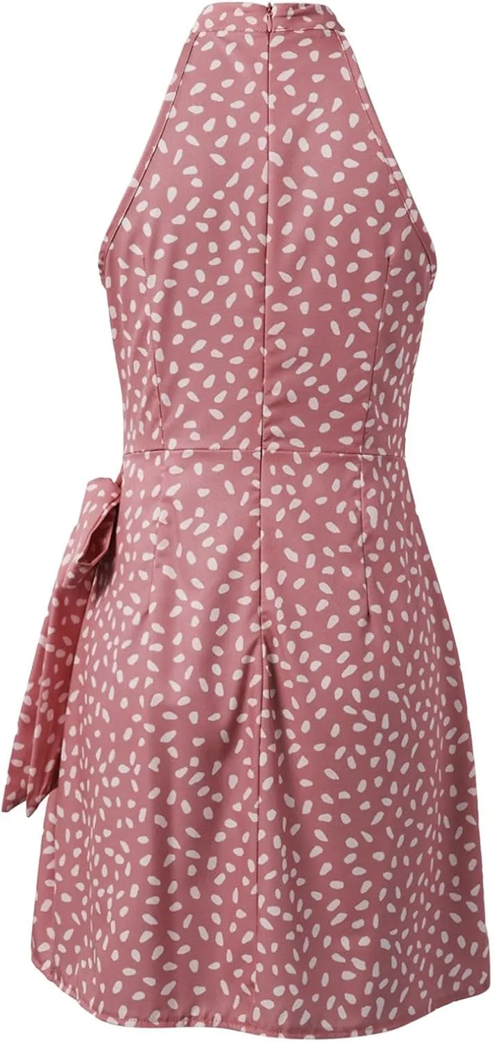 Women's Dot Print Halter Dress 2025 Spring Summer Tie Waist Casual Dresses Zipper Back Elegant Wedding Guest Clothes