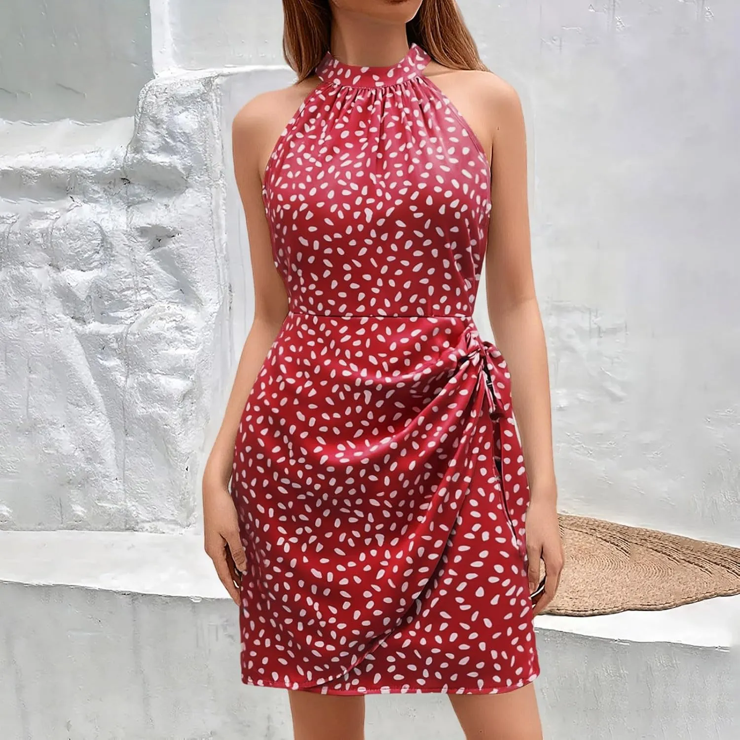 Women's Dot Print Halter Dress 2025 Spring Summer Tie Waist Casual Dresses Zipper Back Elegant Wedding Guest Clothes