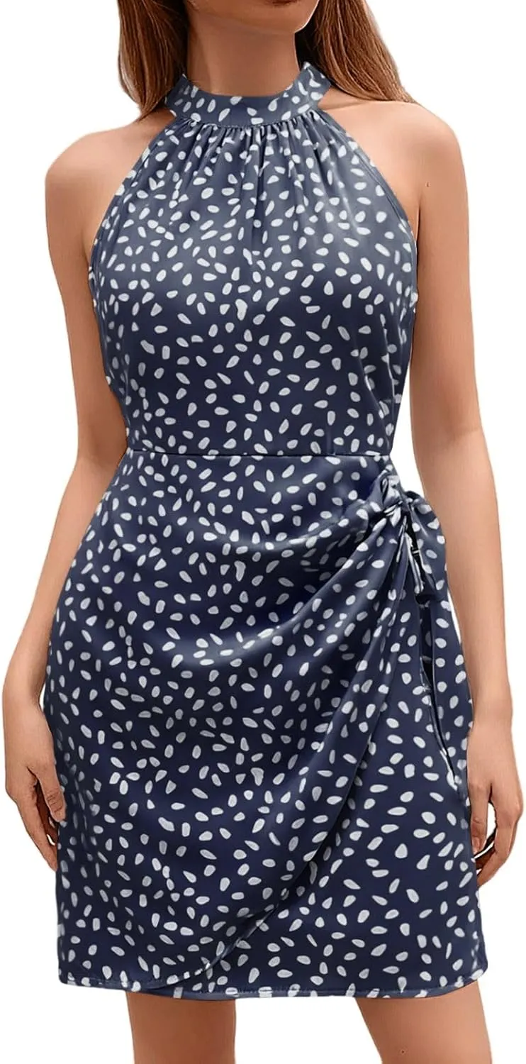 Women's Dot Print Halter Dress 2025 Spring Summer Tie Waist Casual Dresses Zipper Back Elegant Wedding Guest Clothes