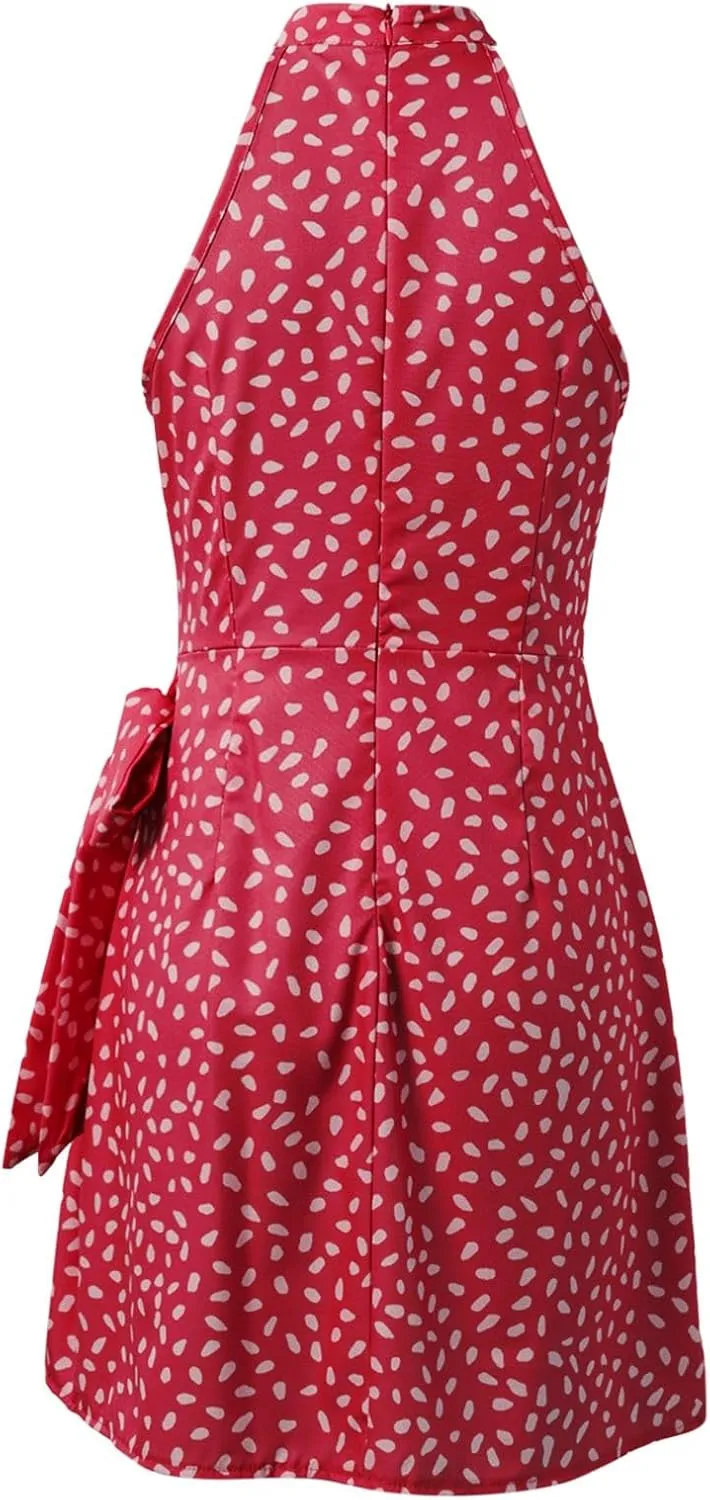 Women's Dot Print Halter Dress 2025 Spring Summer Tie Waist Casual Dresses Zipper Back Elegant Wedding Guest Clothes