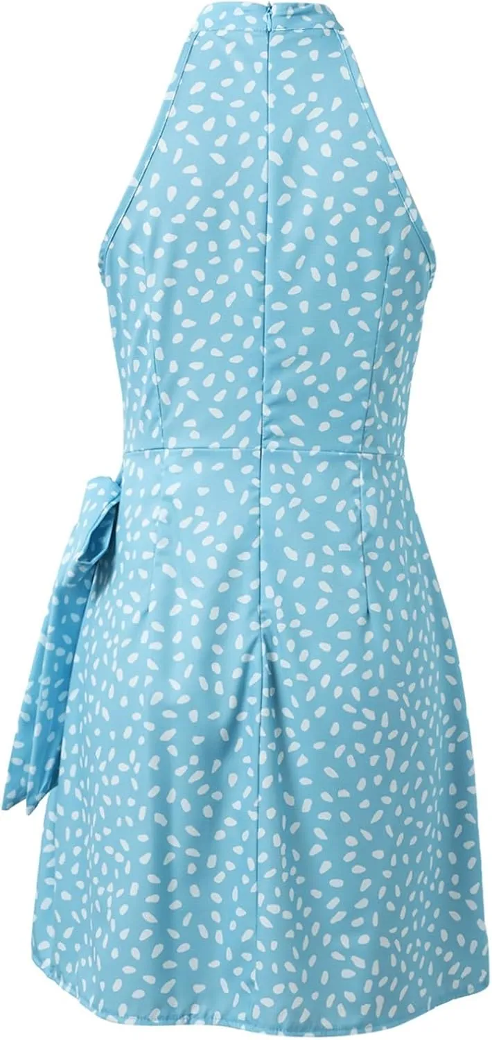 Women's Dot Print Halter Dress 2025 Spring Summer Tie Waist Casual Dresses Zipper Back Elegant Wedding Guest Clothes