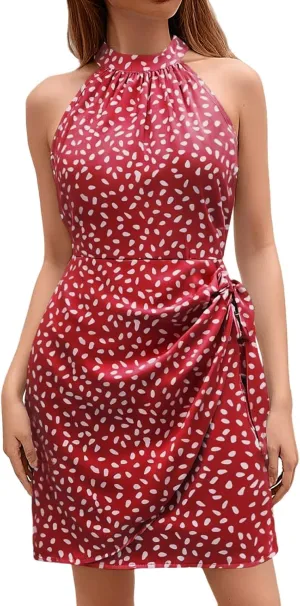 Women's Dot Print Halter Dress 2025 Spring Summer Tie Waist Casual Dresses Zipper Back Elegant Wedding Guest Clothes