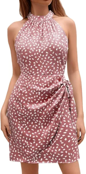 Women's Dot Print Halter Dress 2025 Spring Summer Tie Waist Casual Dresses Zipper Back Elegant Wedding Guest Clothes