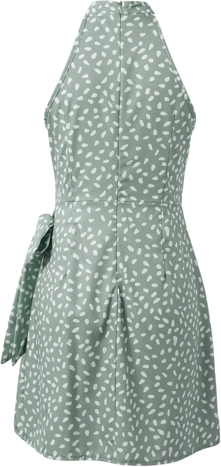 Women's Dot Print Halter Dress 2025 Spring Summer Tie Waist Casual Dresses Zipper Back Elegant Wedding Guest Clothes
