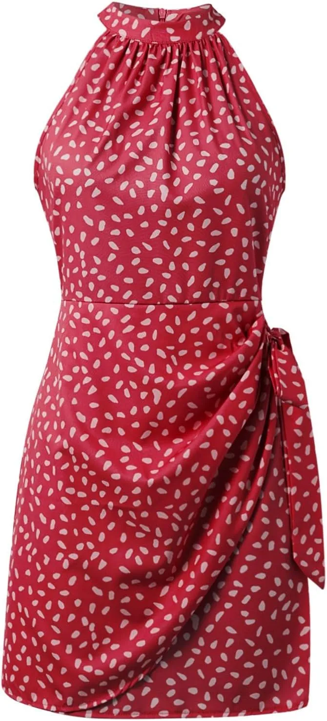 Women's Dot Print Halter Dress 2025 Spring Summer Tie Waist Casual Dresses Zipper Back Elegant Wedding Guest Clothes