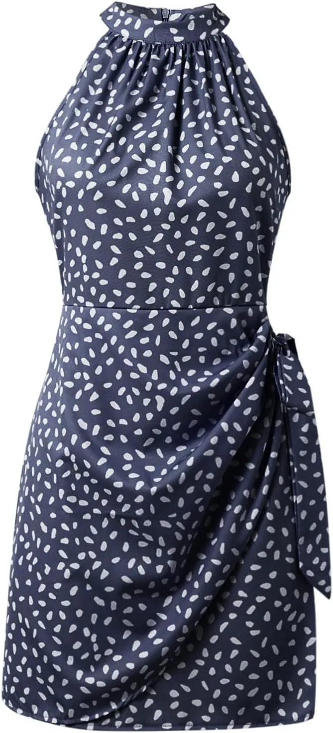 Women's Dot Print Halter Dress 2025 Spring Summer Tie Waist Casual Dresses Zipper Back Elegant Wedding Guest Clothes