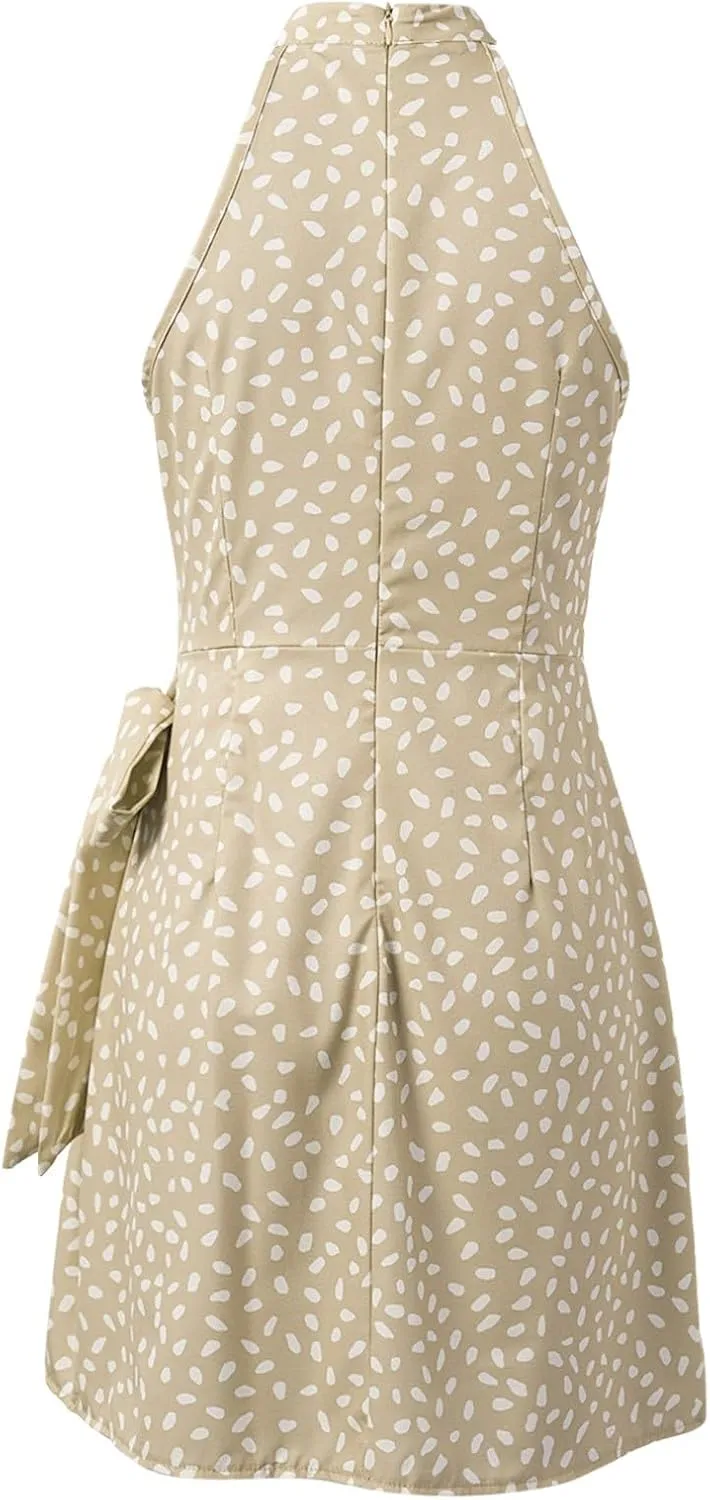 Women's Dot Print Halter Dress 2025 Spring Summer Tie Waist Casual Dresses Zipper Back Elegant Wedding Guest Clothes